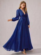 Blue V-Neck Tulle Vacation Maxi Dress|NOOSGOP