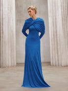 Blue pleated shawl long slim fit maxi dress|NOOSGOP