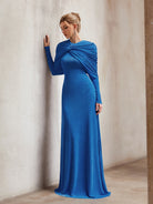 Blue pleated shawl long slim fit maxi dress|NOOSGOP