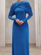 Blue pleated shawl long slim fit maxi dress|NOOSGOP