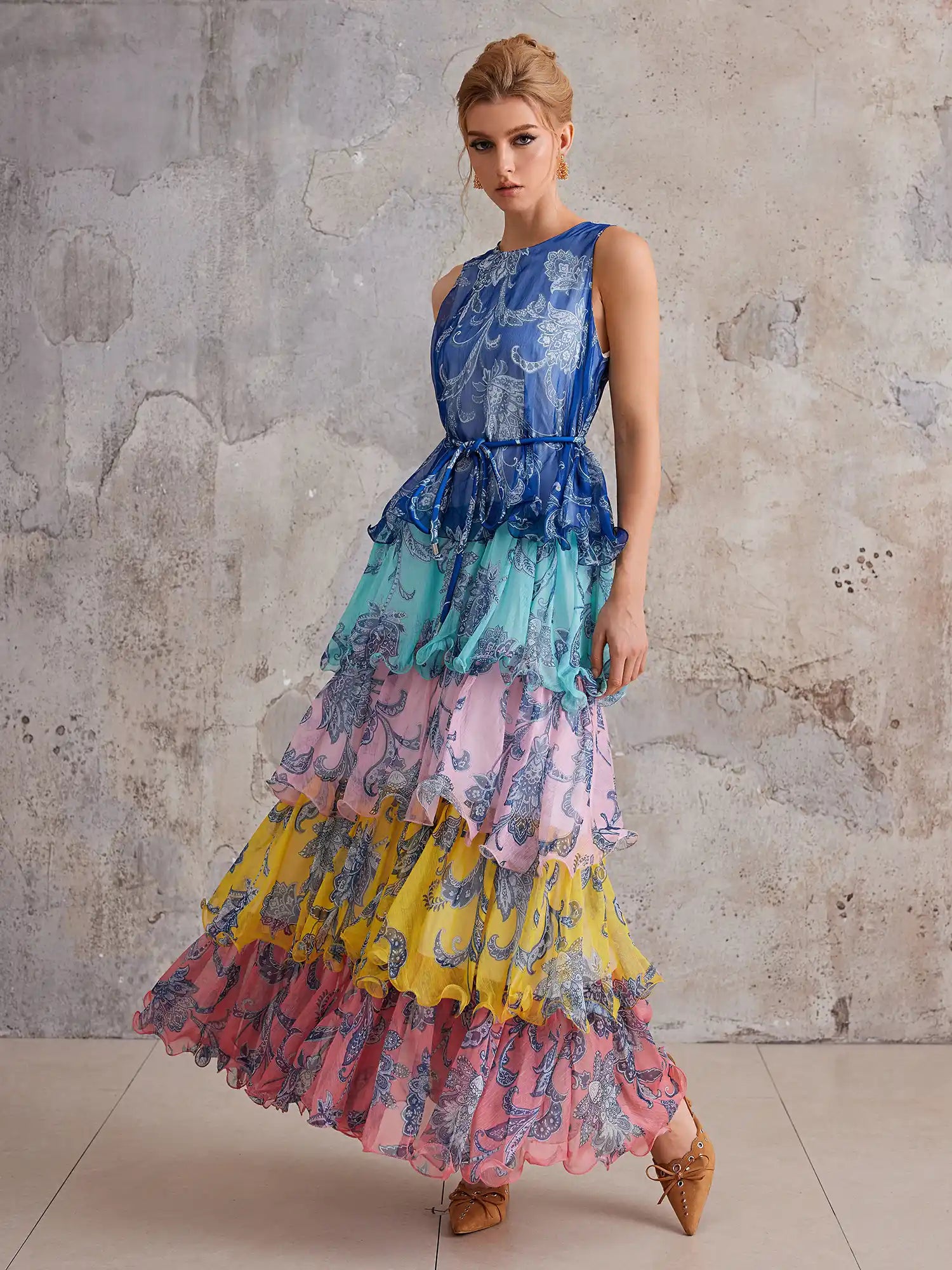 Color-Block Ruffled Maxi Dress Vibrant Summer Vacation Style Noosgop Color-Block Ruffled Maxi Dress Vibrant Summer Vacation Style Noosgop