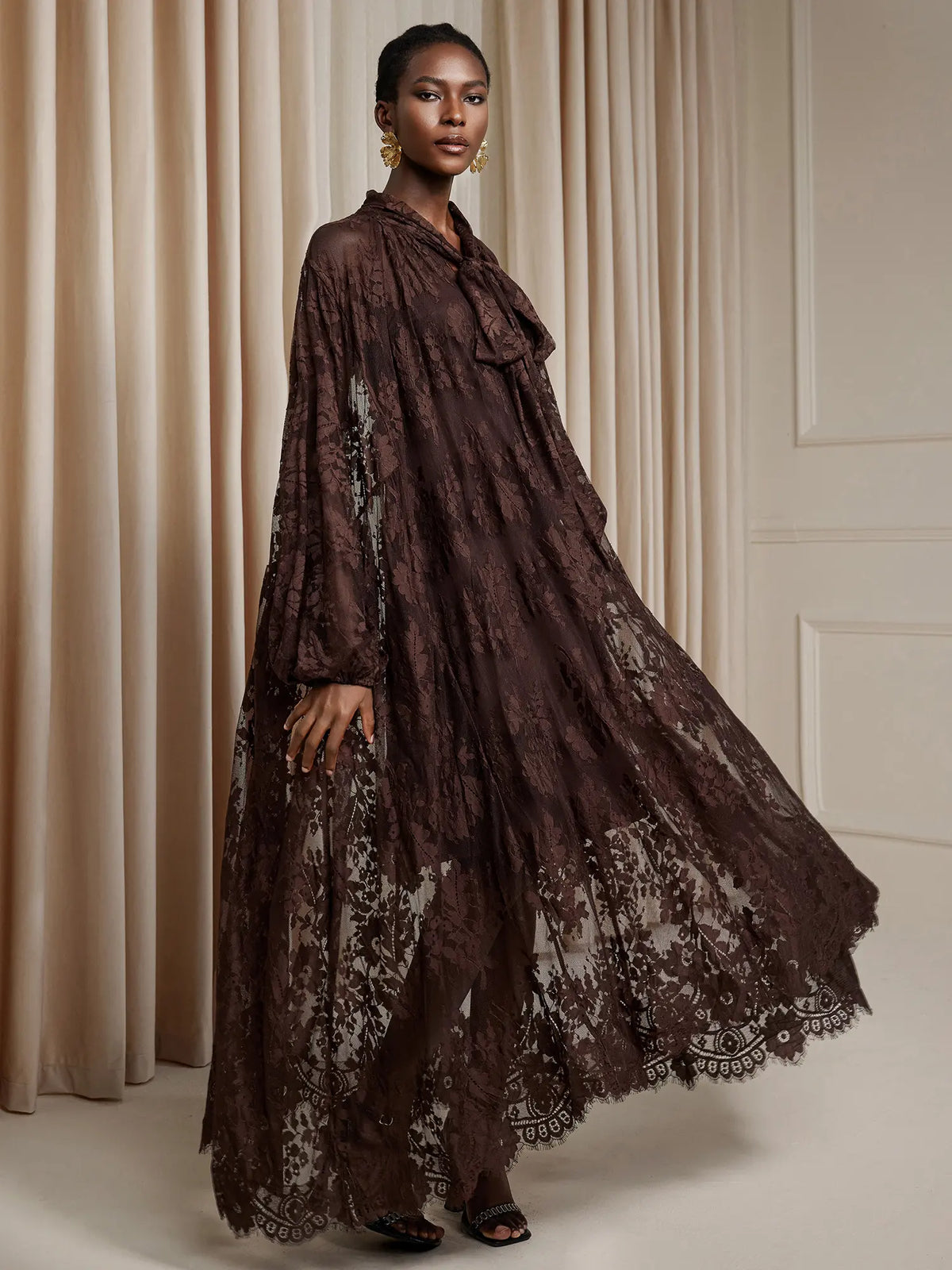 sheer maxi dress long sleeve Brown Lace no-returns:2025-10-27_2028-07-27 Black Prom Dress With Low Iron If Needed Size:72”x 108”