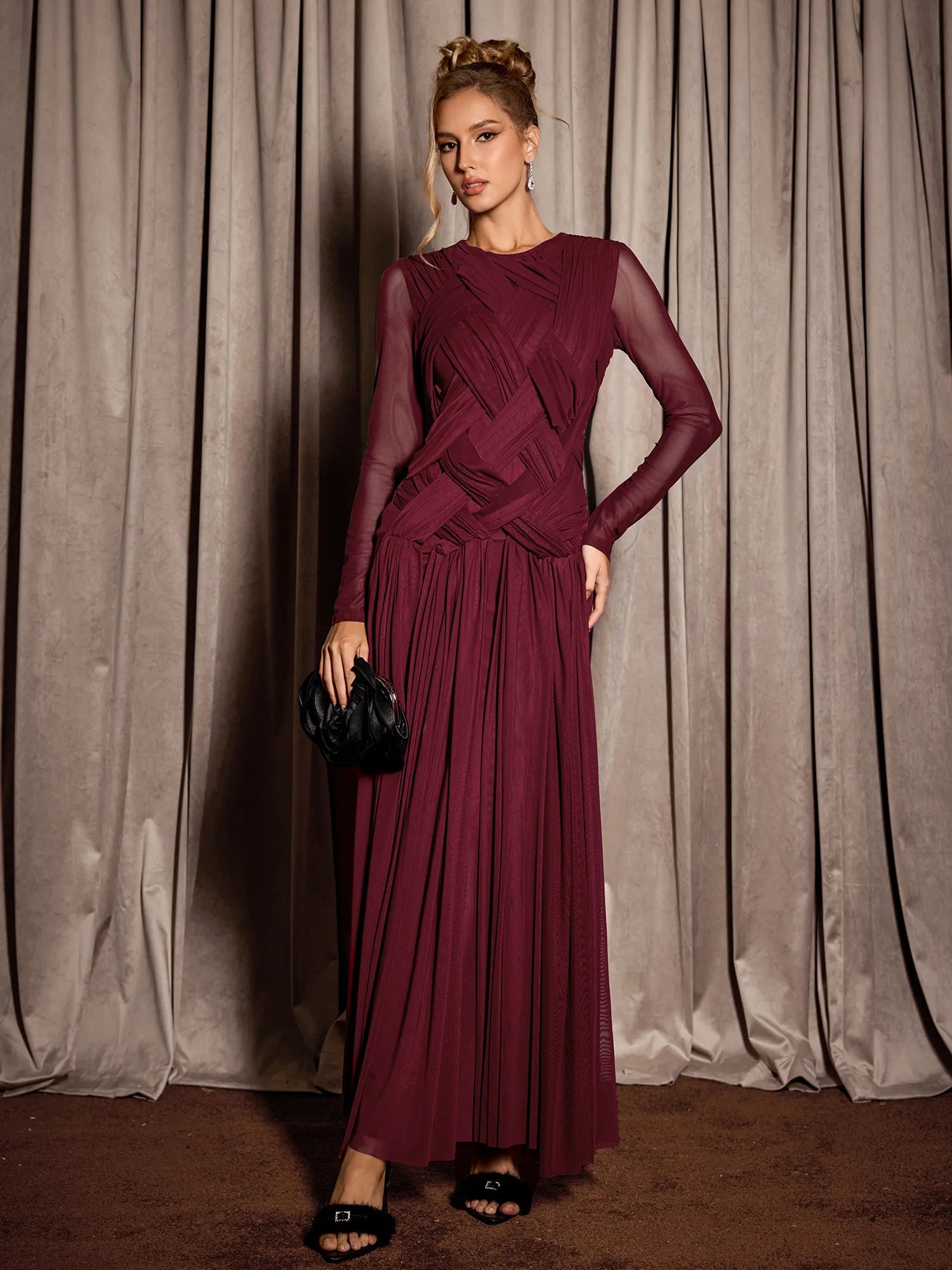 Burgundy Mesh Knit Elegant Midi Dress|NOOSGOP