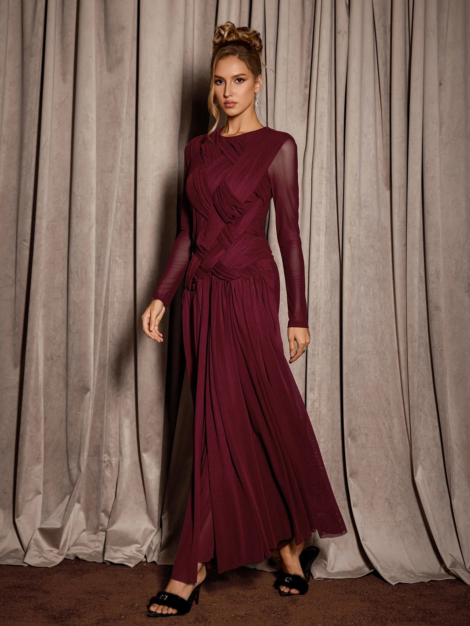 Burgundy Mesh Knit Elegant Midi Dress|NOOSGOP