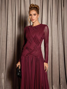 Burgundy Mesh Knit Elegant Midi Dress|NOOSGOP
