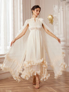 Cape-Sleeve Double-Layer Ruffle Midi Dress|NOOSGOP
