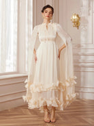 Cape-Sleeve Double-Layer Ruffle Midi Dress|NOOSGOP