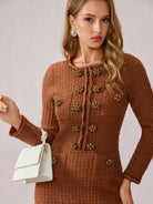 Cinnamon Round Neck Elegant Office Midi Dress|NOOSGOP