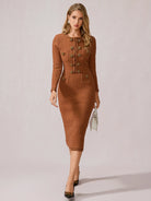 Cinnamon Round Neck Elegant Office Midi Dress|NOOSGOP