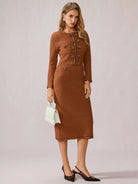 Cinnamon Round Neck Elegant Office Midi Dress|NOOSGOP