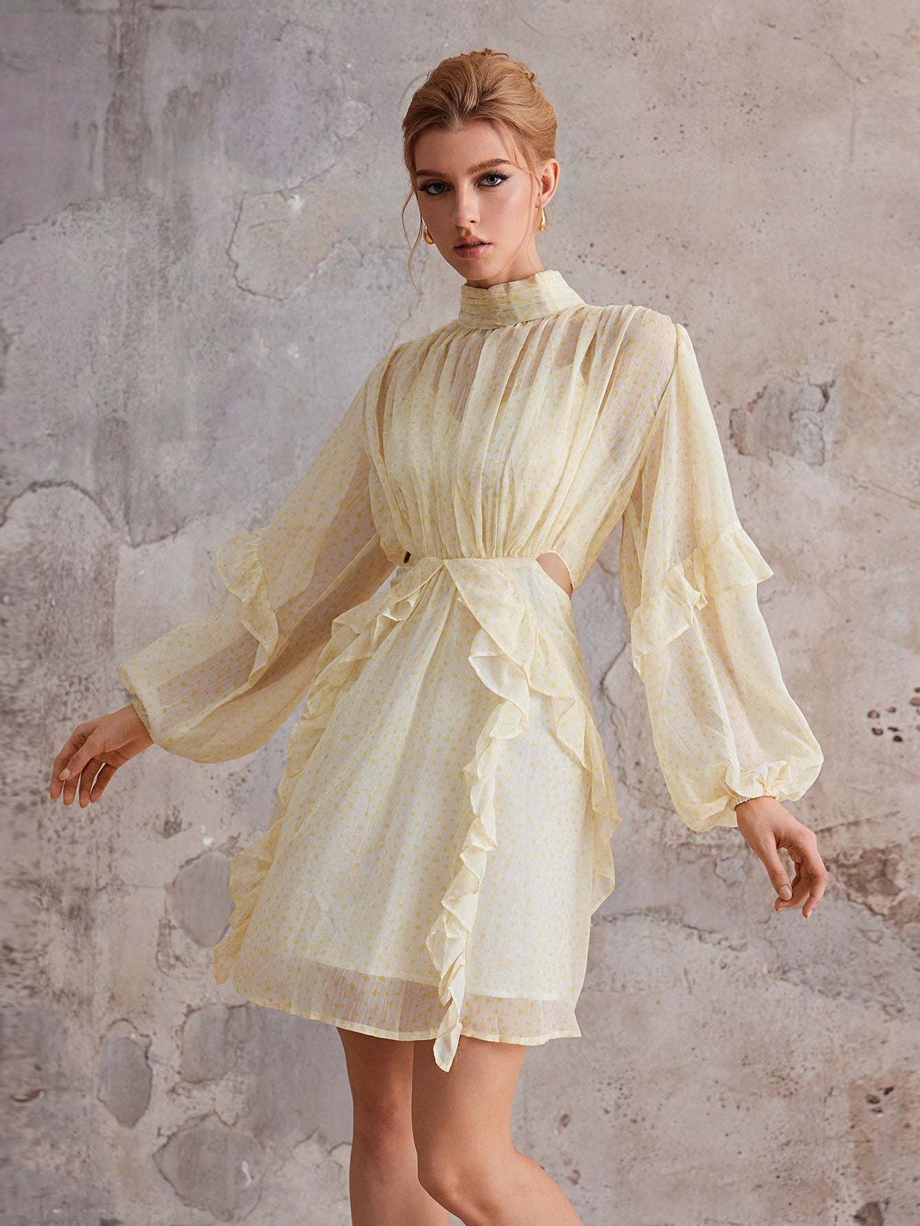 Court-Style Flutter-Trim Open-Midriff Mini Dress|NOOSGOP