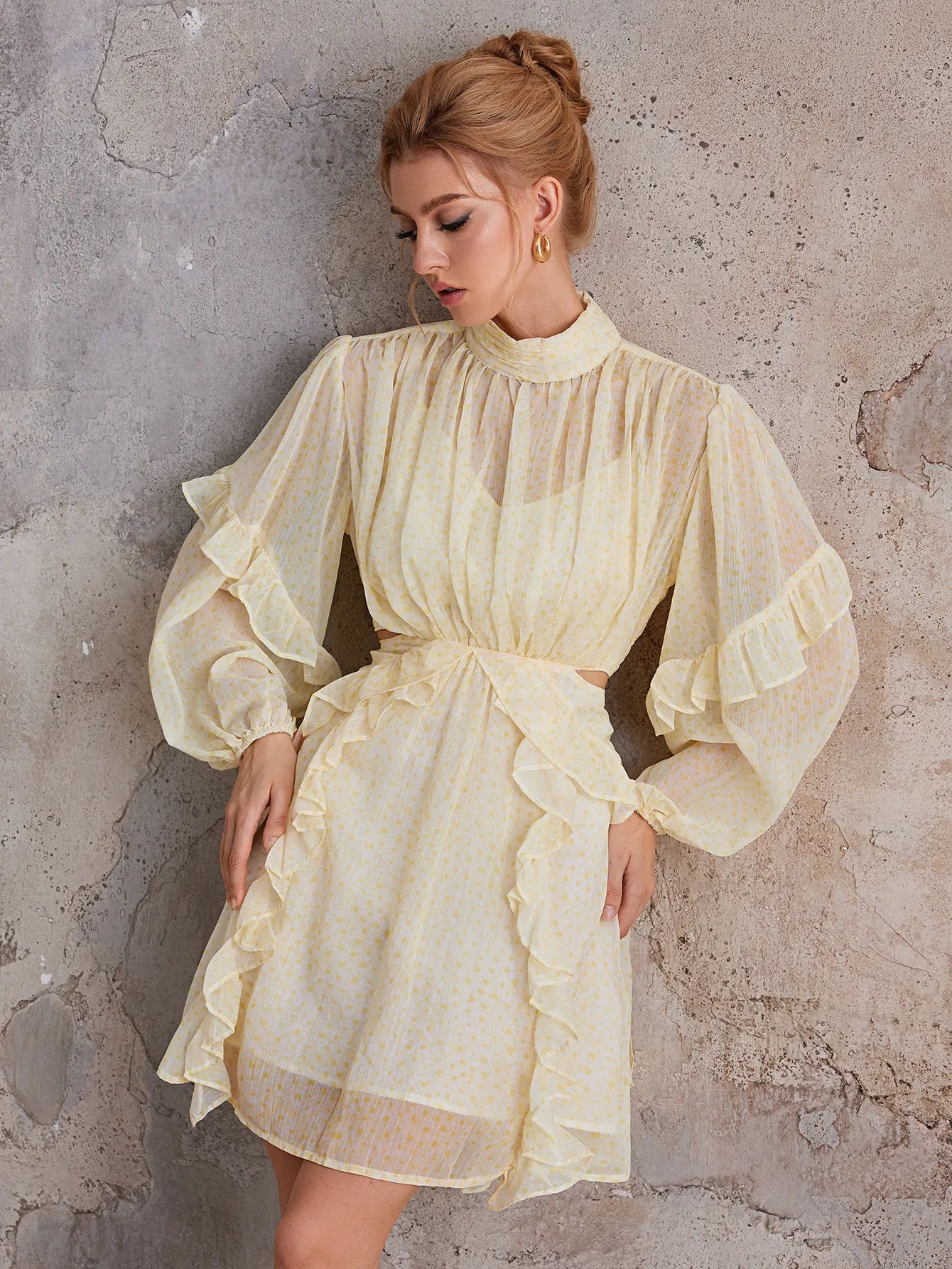 Court-Style Flutter-Trim Open-Midriff Mini Dress|NOOSGOP