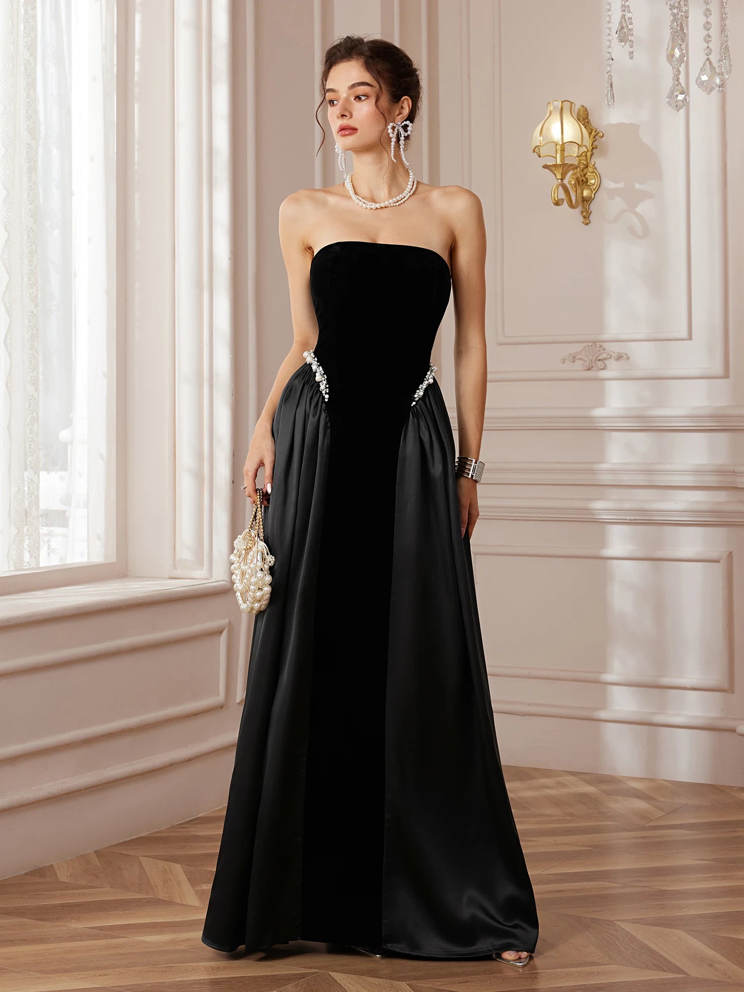 Black Strapless Pearl Maxi Wedding Dress – Elegant Pleated Gown