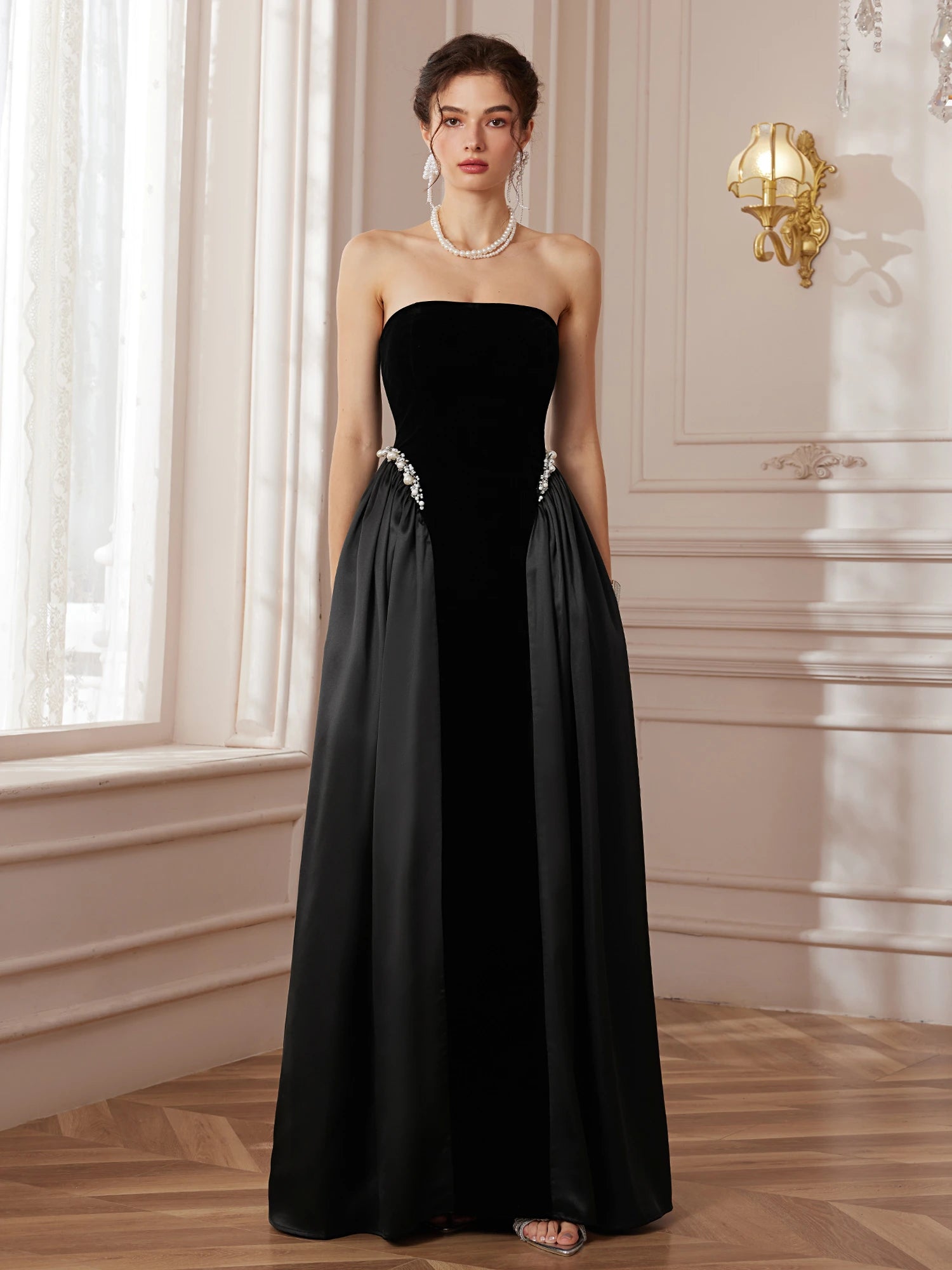 Black Strapless Pearl Maxi Wedding Dress – Elegant Pleated Gown – Noosgop
