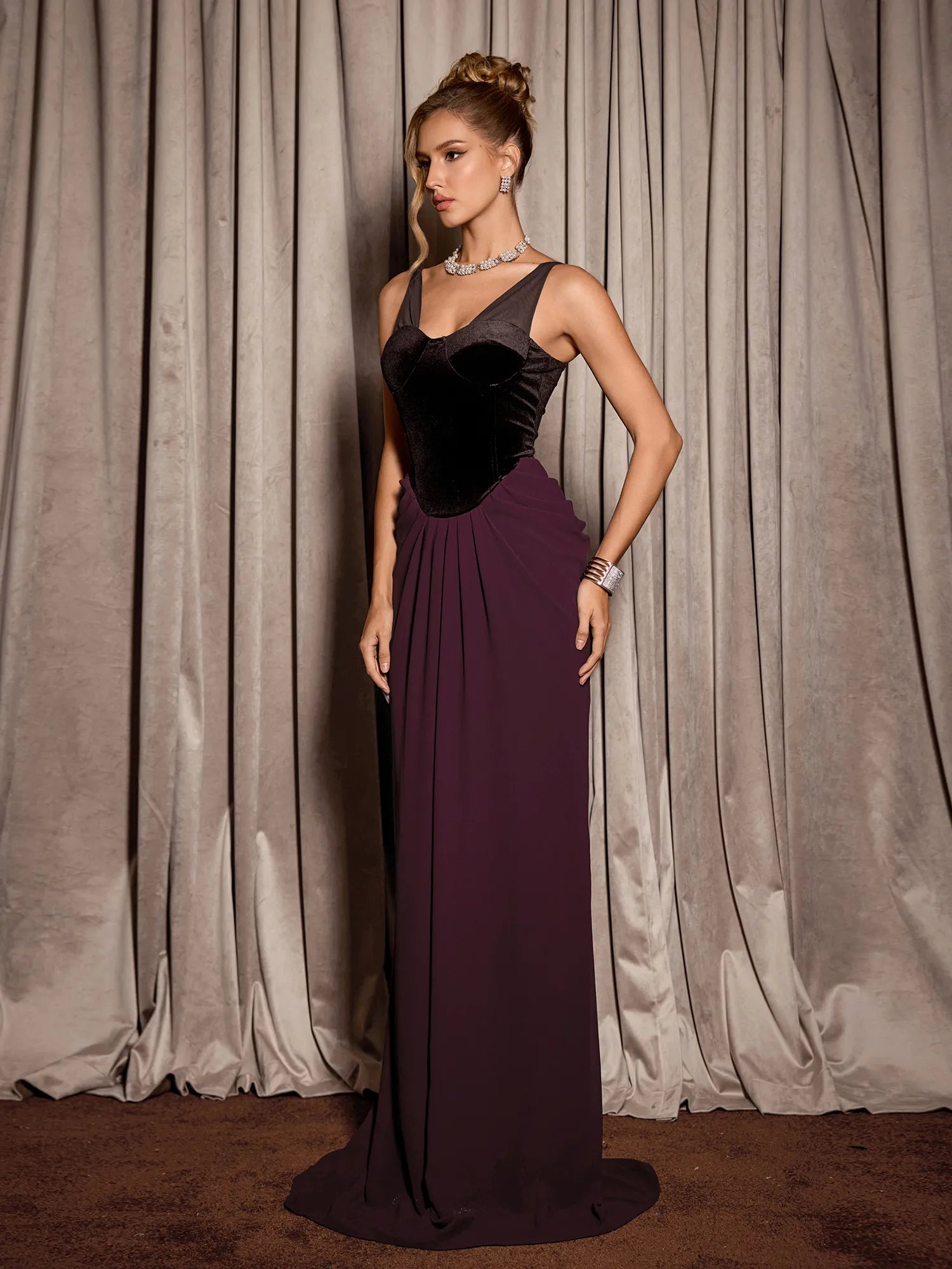 Dark Purple High Waist Elegant Maxi Dress|NOOSGOP