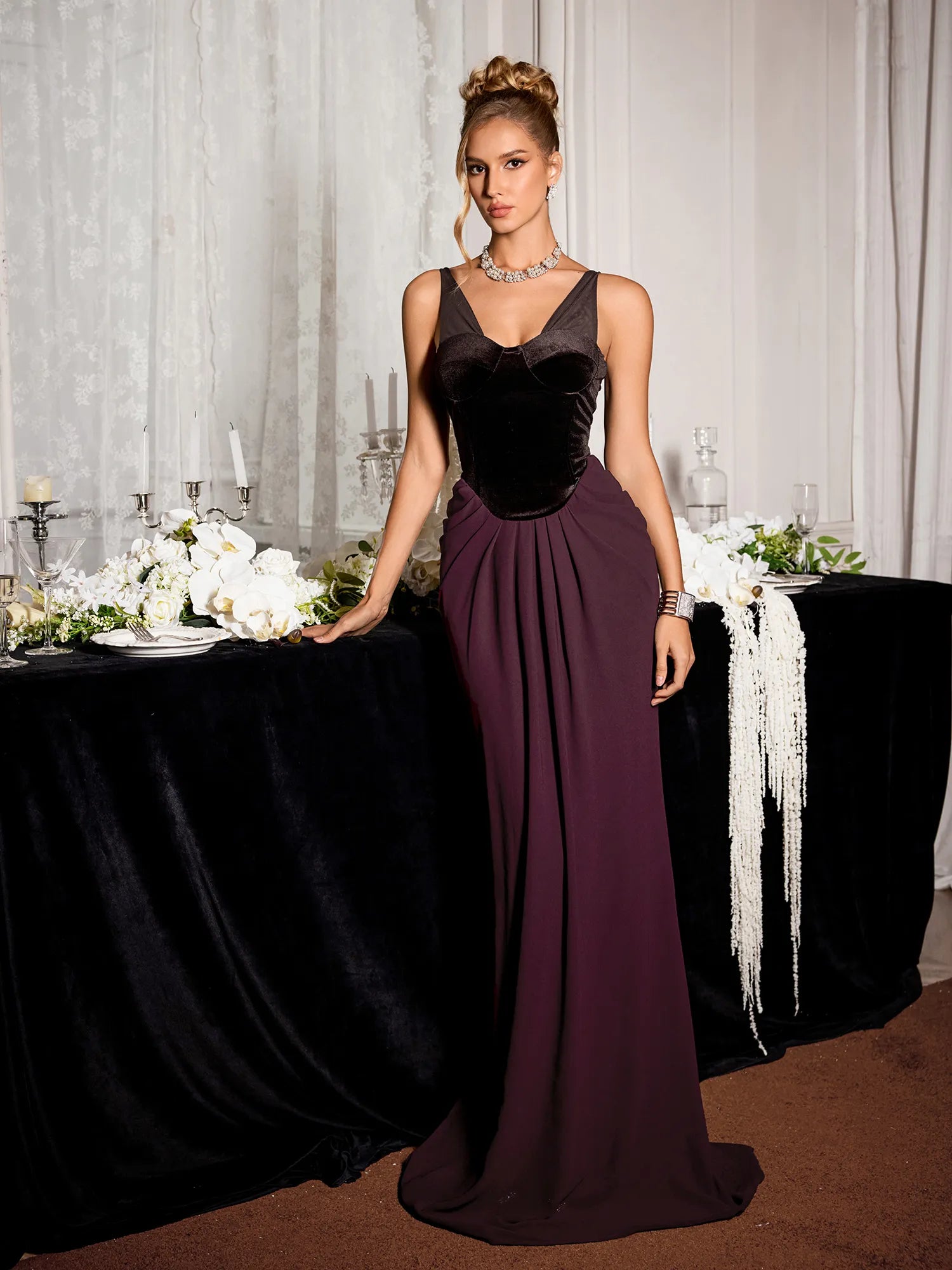 Dark Purple High Waist Elegant Maxi Dress|NOOSGOP