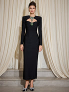 Deep V-Neck Jewel Embellished Midi Dress|NOOSGOP