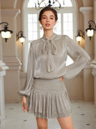 Detachable Bow Popover Blouse & Shirred Caffeine Skirt Set|NOOSGOP