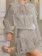 Detachable Bow Popover Blouse & Shirred Caffeine Skirt Set|NOOSGOP