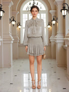 Detachable Bow Popover Blouse & Shirred Caffeine Skirt Set|NOOSGOP