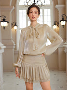 Detachable Bow Popover Blouse & Shirred Caffeine Skirt Set|NOOSGOP