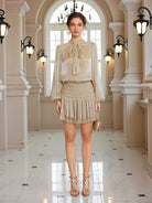 Detachable Bow Popover Blouse & Shirred Caffeine Skirt Set|NOOSGOP