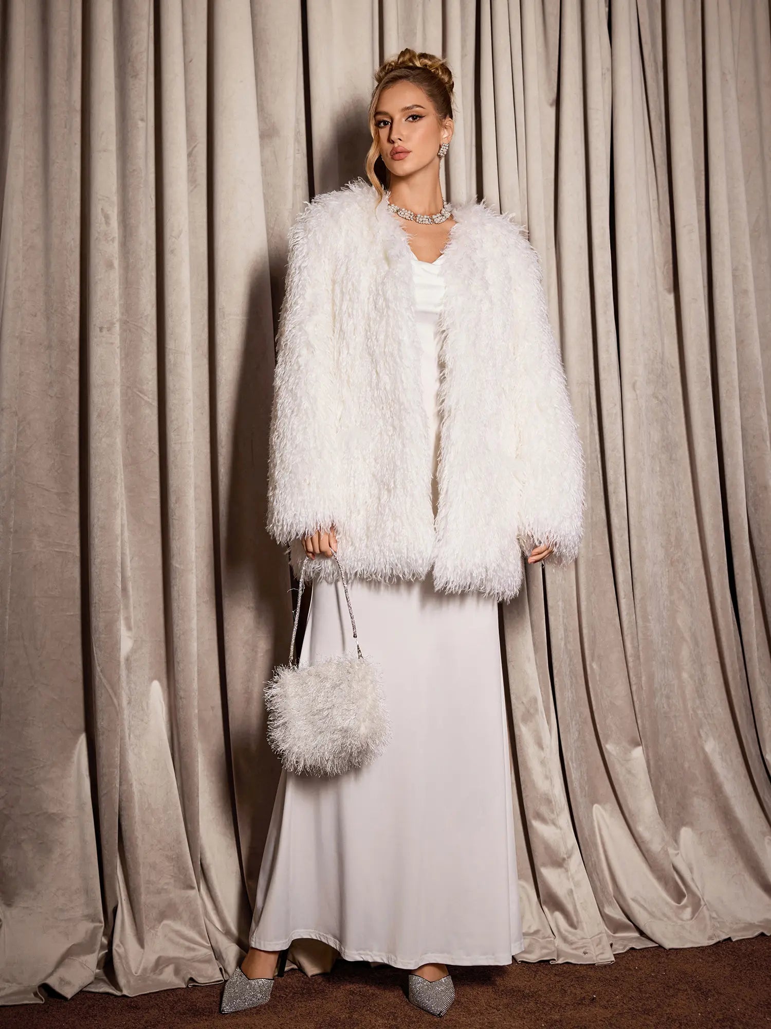 Elegant White Fuzzy Oversized Coat|NOOSGOP