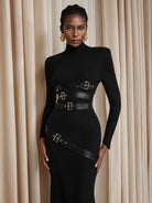 Fitted High-Neck with Belt Design Midi Dress|NOOSGOP
