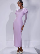 Fitted Ruffle Shoulder Sheer Sleeve Midi Dress|NOOSGOP