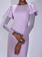Fitted Ruffle Shoulder Sheer Sleeve Midi Dress|NOOSGOP