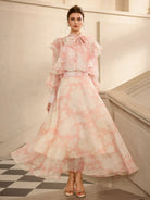 Floral Print Mesh Tie Neck Midi Dress|NOOSGOP