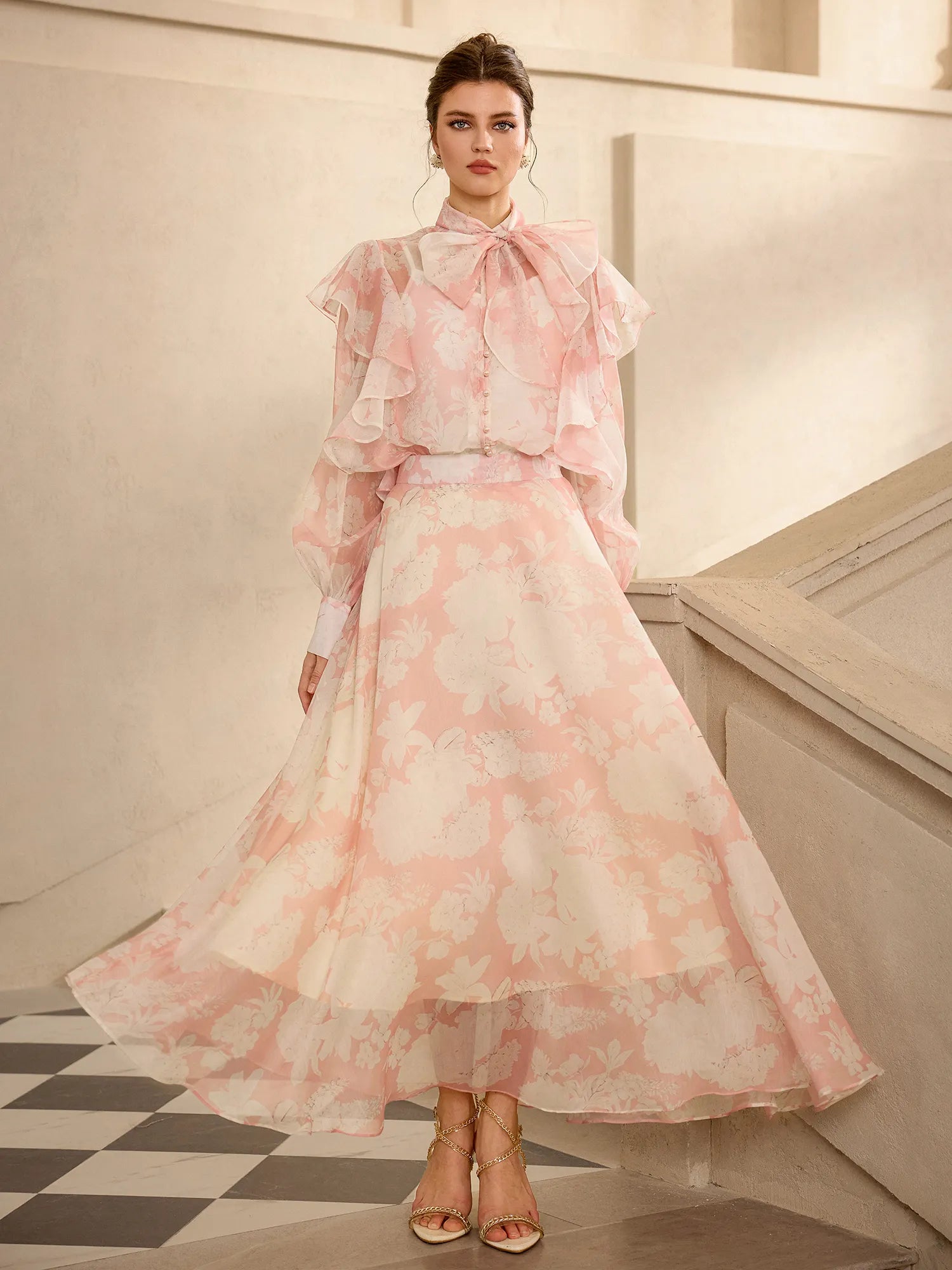 Floral Print Mesh Tie Neck Midi Dress|NOOSGOP