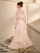 Floral Print Mesh Tie Neck Midi Dress|NOOSGOP