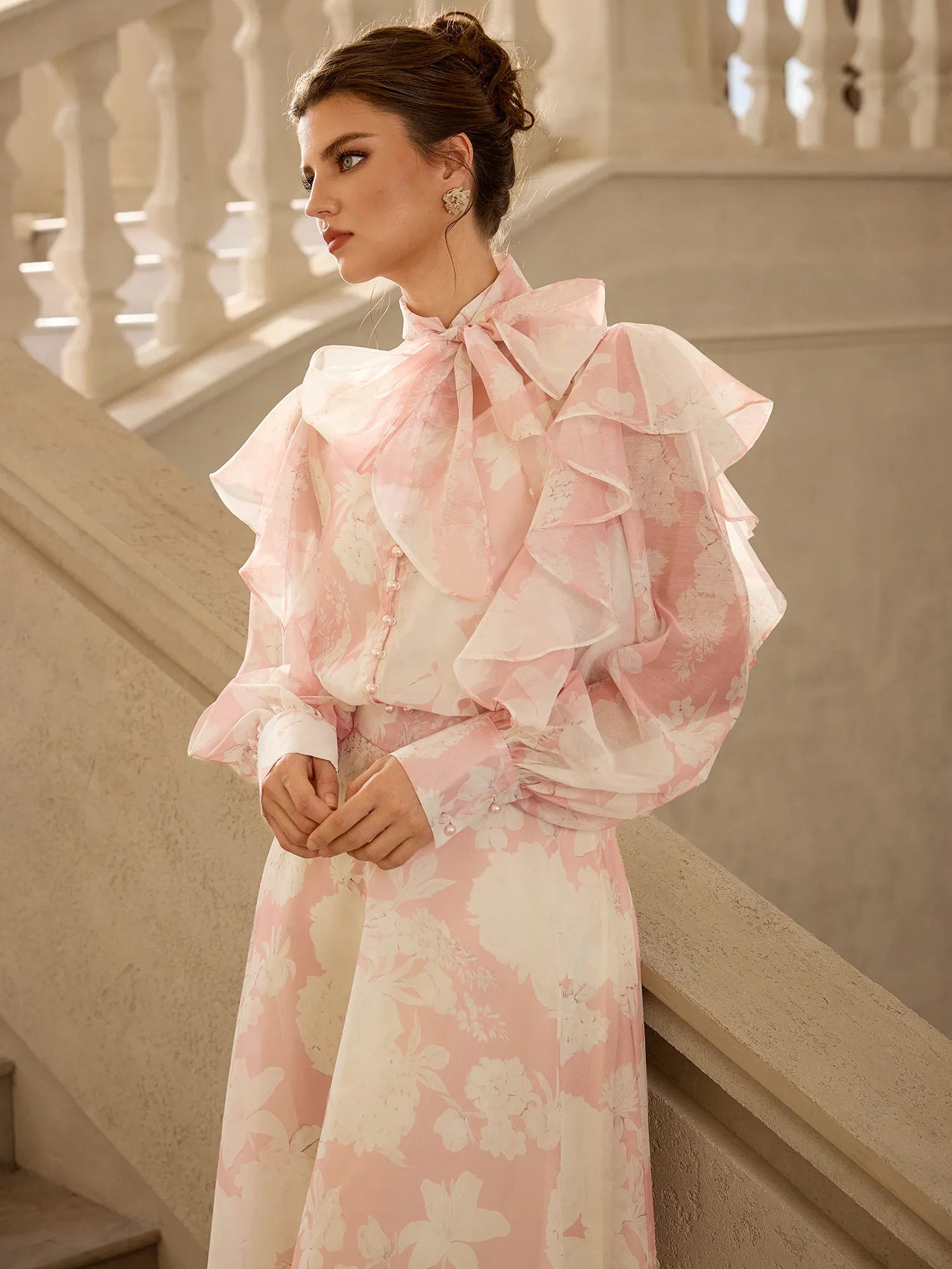 Floral Print Mesh Tie Neck Midi Dress|NOOSGOP