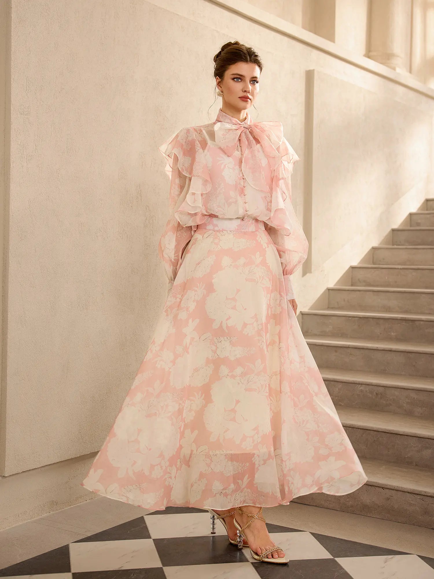 Floral Print Mesh Tie Neck Midi Dress|NOOSGOP