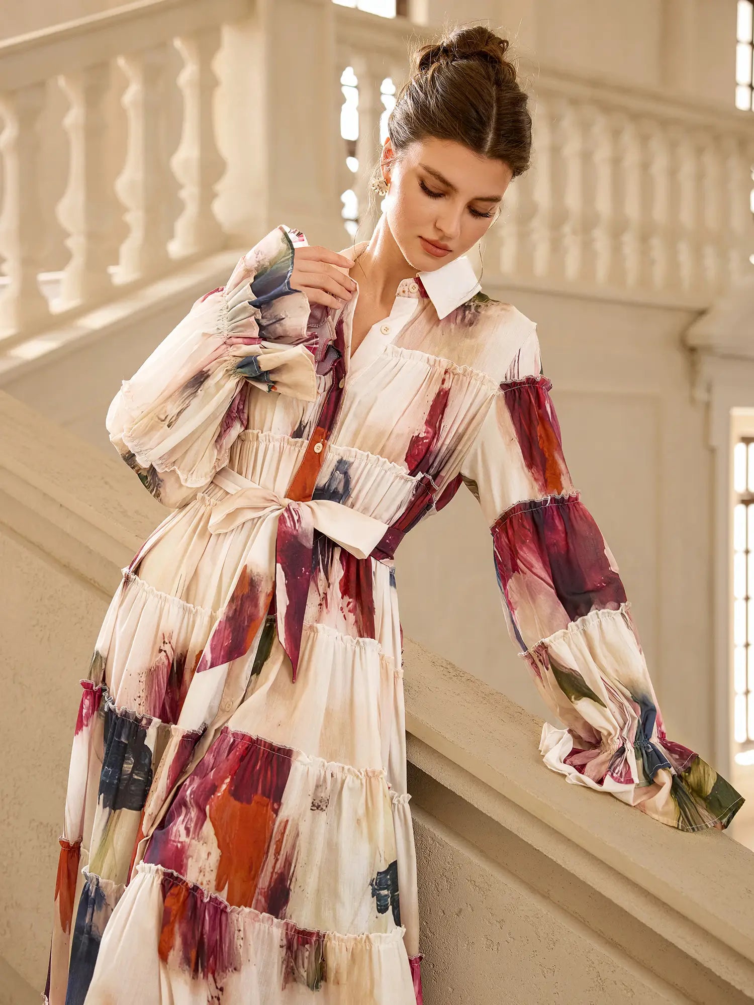 Floral Print Pleated Ruffle Sleeve Maxi Dress|NOOSGOP