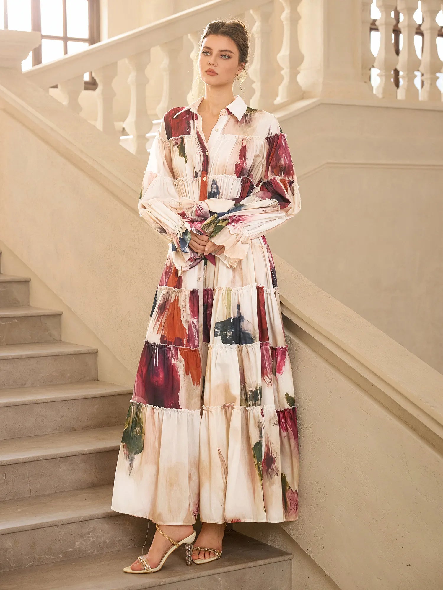 Floral Print Pleated Ruffle Sleeve Maxi Dress|NOOSGOP