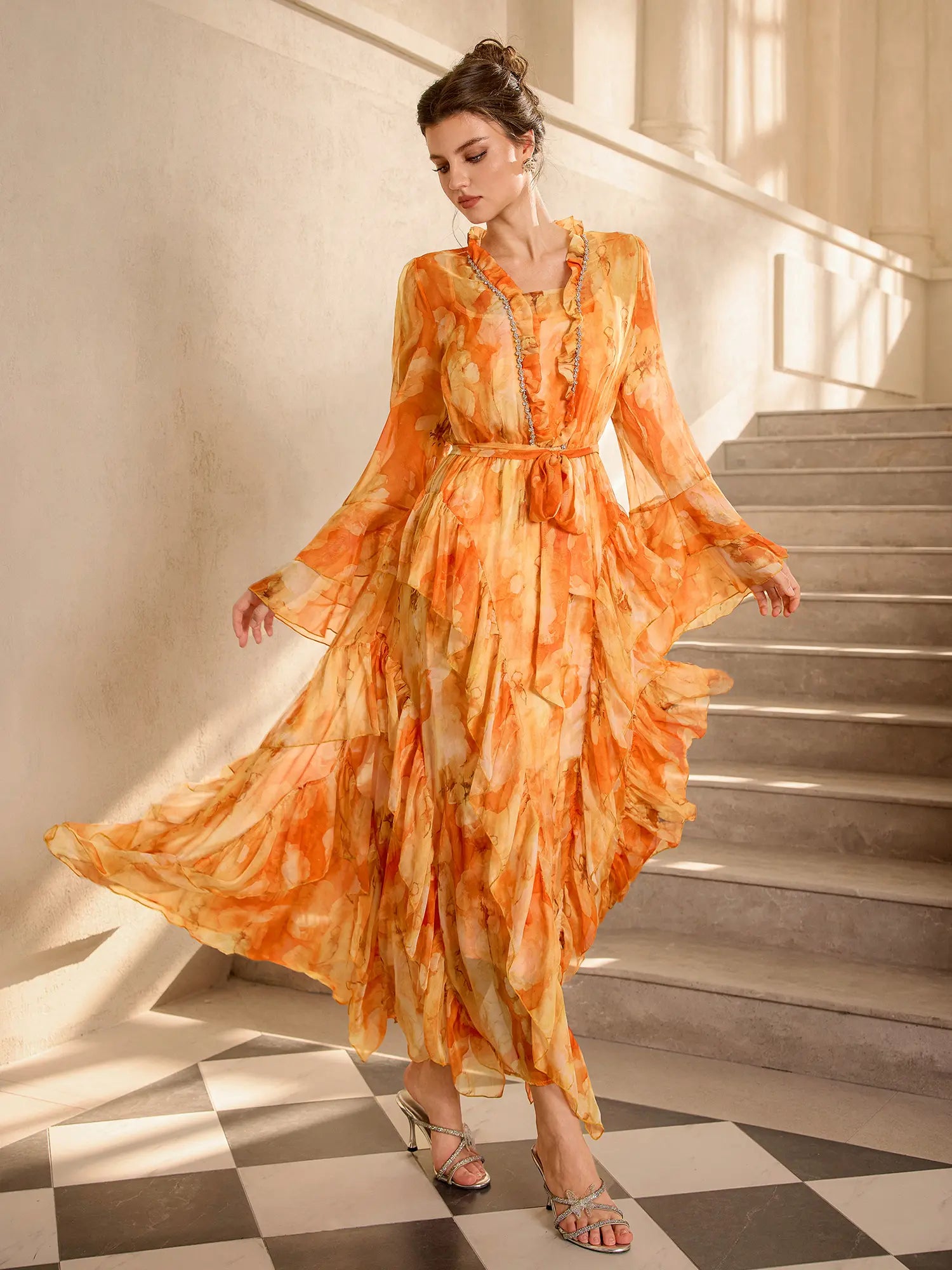 Floral Print Ruffle Ruched Hem Midi Dress|NOOSGOP