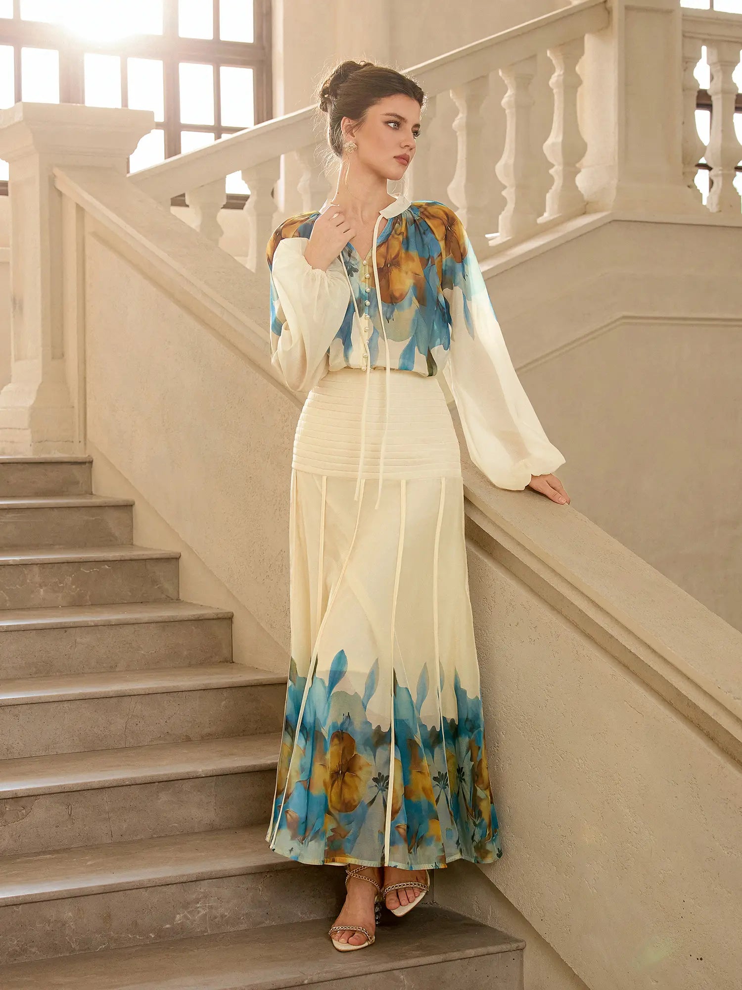 Floral Print Waist Cinched Two Piece Set|NOOSGOP