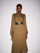 Front Tie Neck Brown Pleated Midi Dress|NOOSGOP