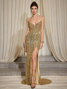 Gold Sparkle Deep V-Neck Split Maxi Dress|NOOSGOP