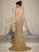 Gold Sparkle Deep V-Neck Split Maxi Dress|NOOSGOP