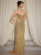 Gold Sparkle Deep V-Neck Split Maxi Dress|NOOSGOP
