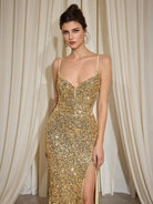 Gold Sparkle Deep V-Neck Split Maxi Dress|NOOSGOP