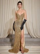 Gold Sparkle Deep V-Neck Split Maxi Dress|NOOSGOP