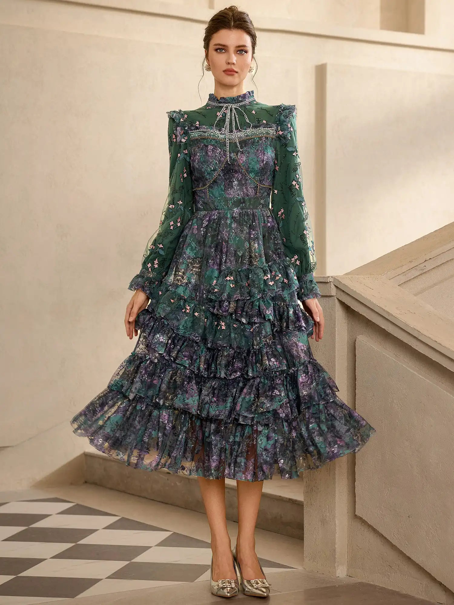 Green Floral Pleated Midi Dress|NOOSGOP