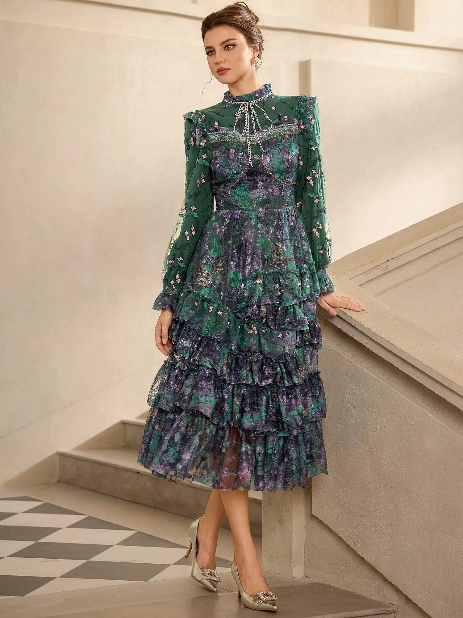 Green Floral Pleated Midi Dress|NOOSGOP
