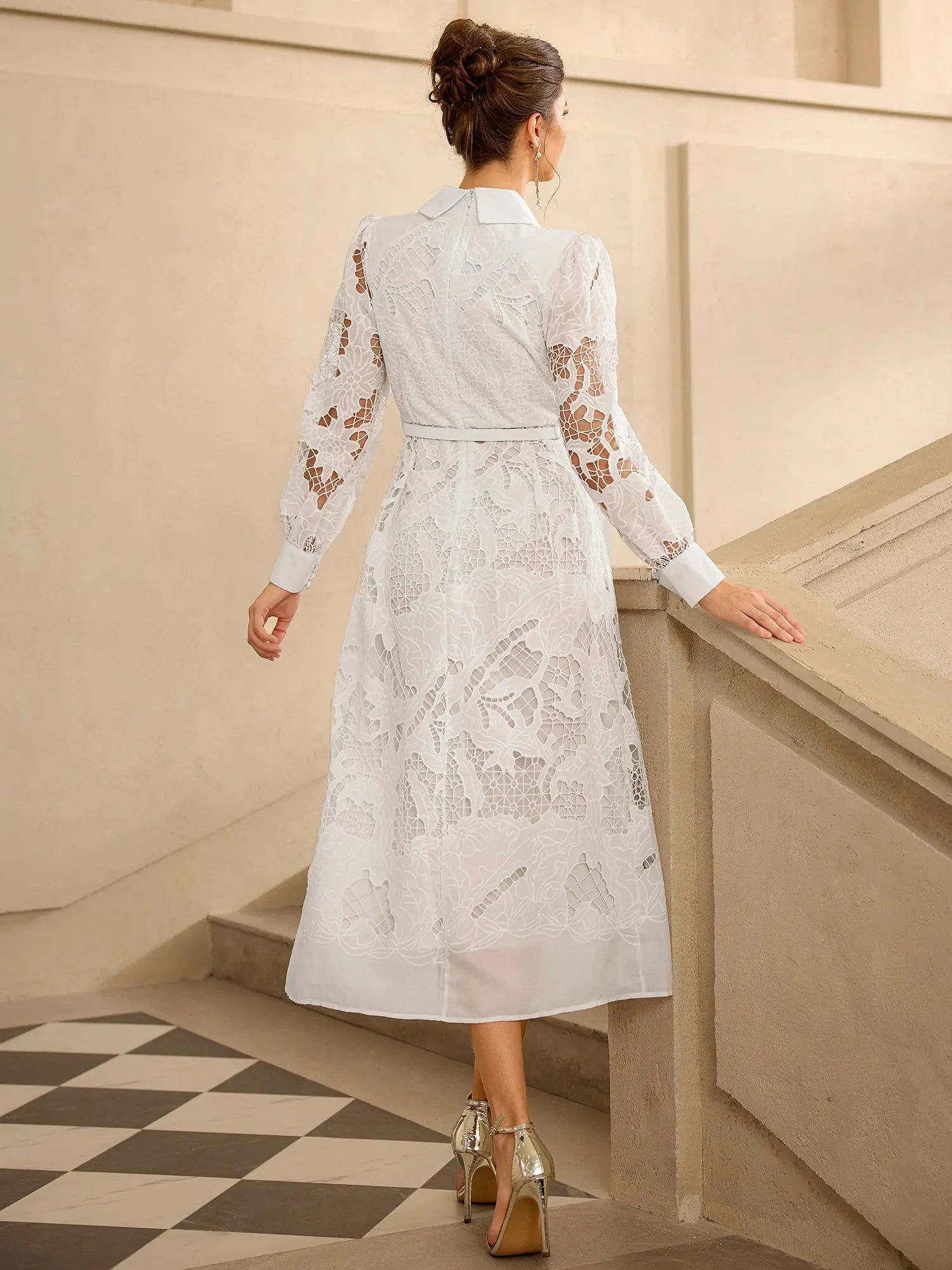 Hollow Lace Long Sleeve Midi Dress|NOOSGOP