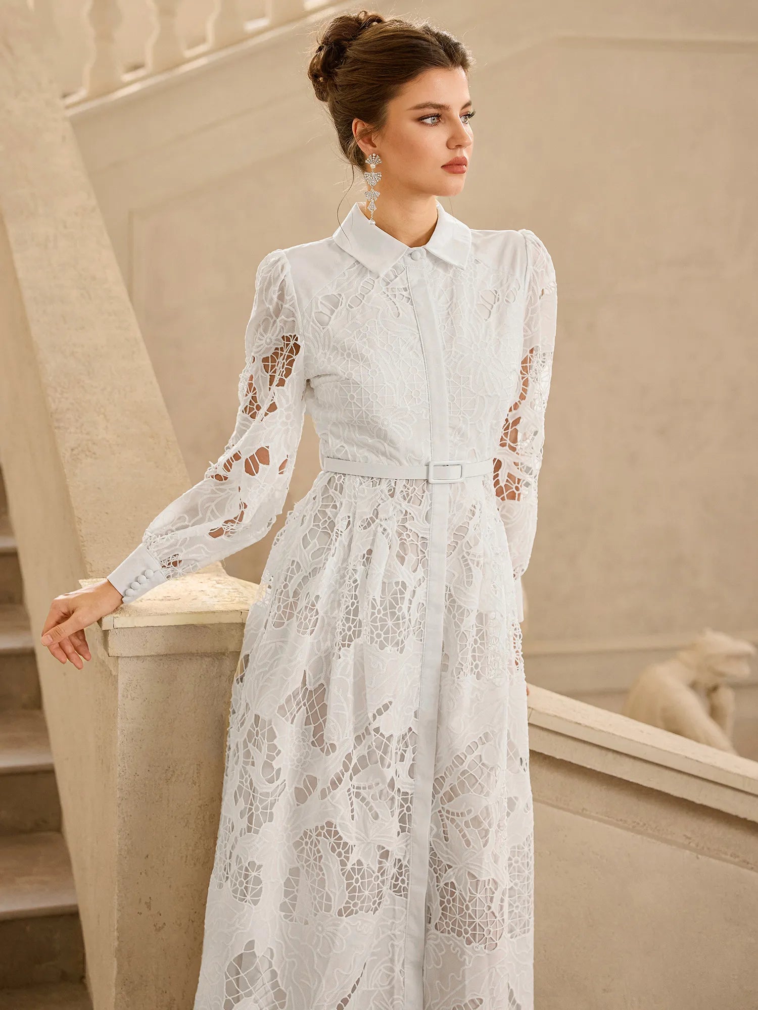 dress with lace sleeves Hollow Long Sleeve Midi | Fashion and Elegant Coastal Couture | Coastal and delicate 3/4 lace Performing Arts Size-:S