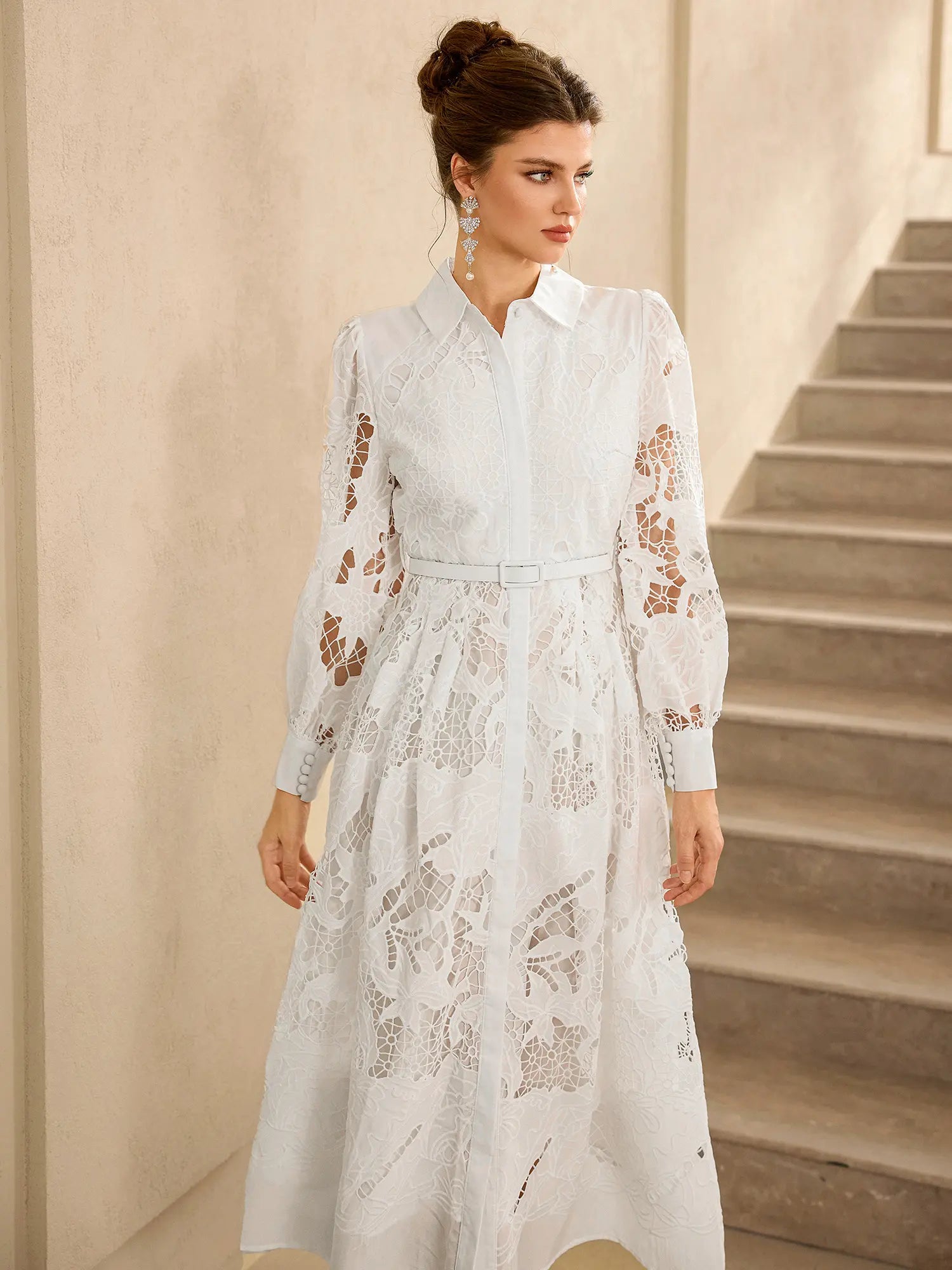 Hollow Lace Long Sleeve Midi Dress|NOOSGOP